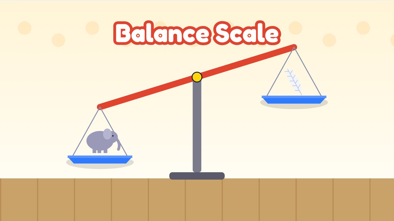 A red balance scale tipped down on the left under an elephant, with a feather high up on the right pan