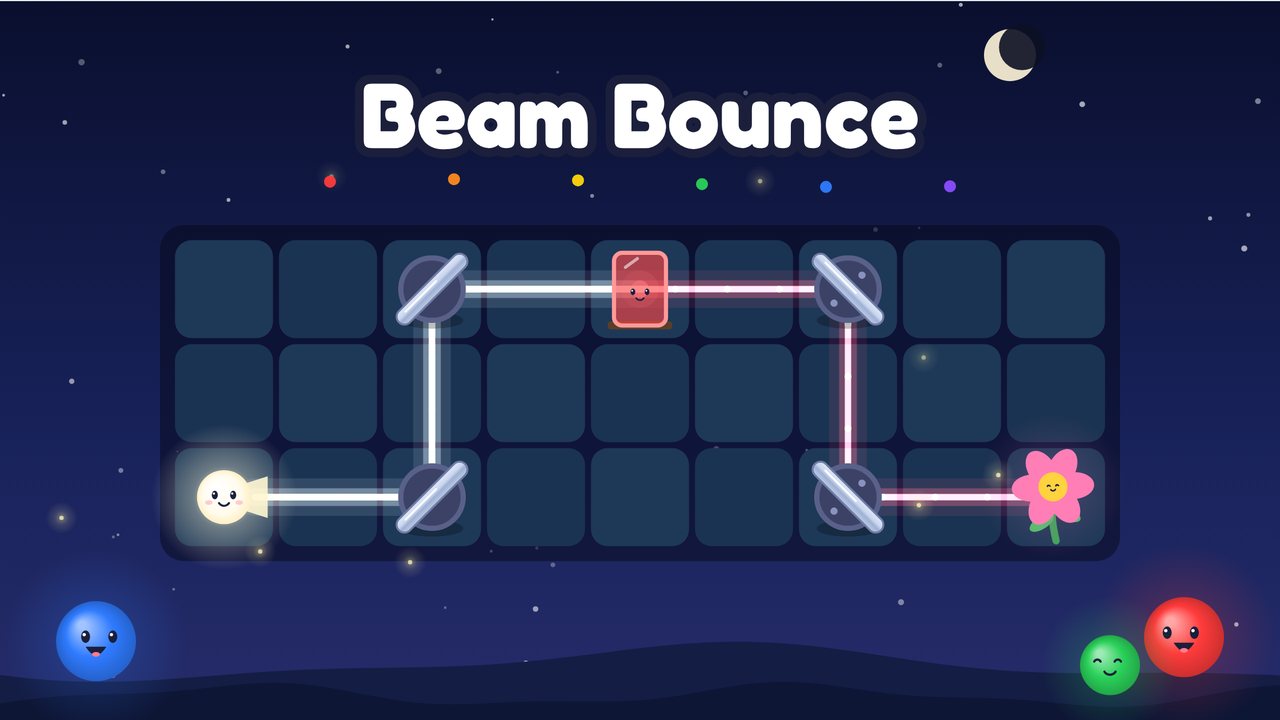 Lumi's beam of light bouncing off mirrors on a starry night in Beam Bounce