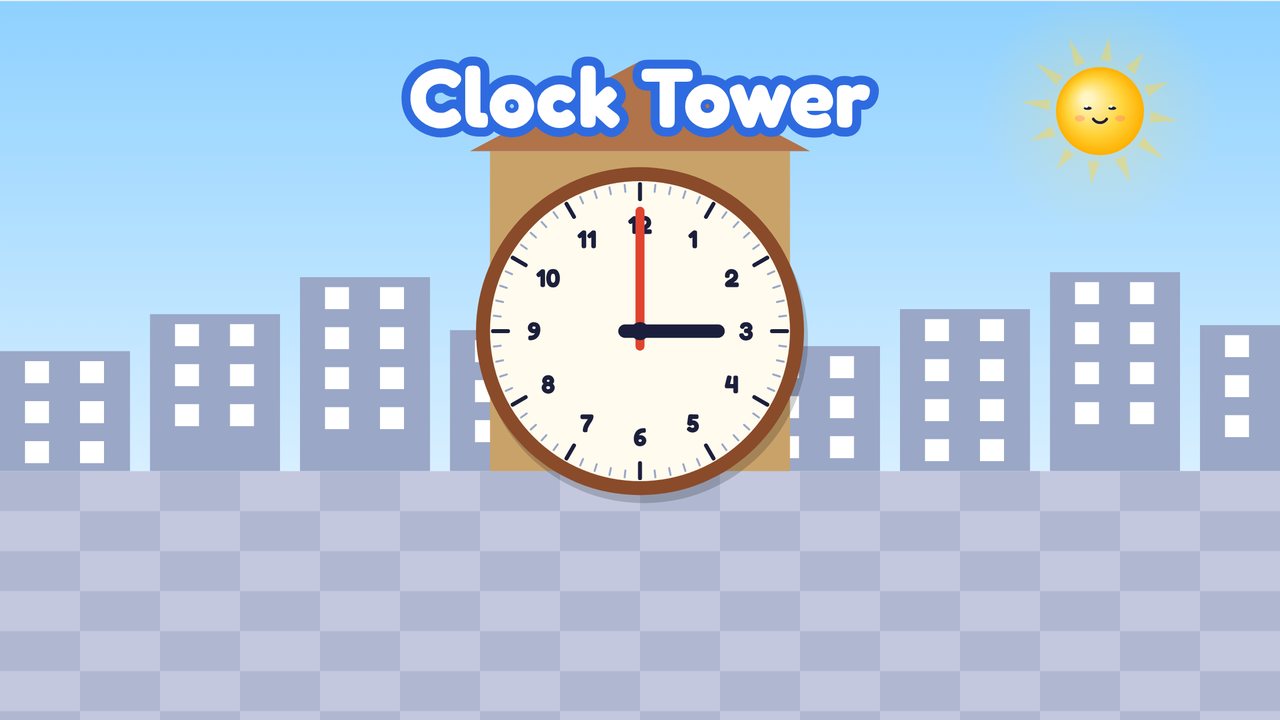 A big round clock showing three o'clock on a tall brown tower above a town square