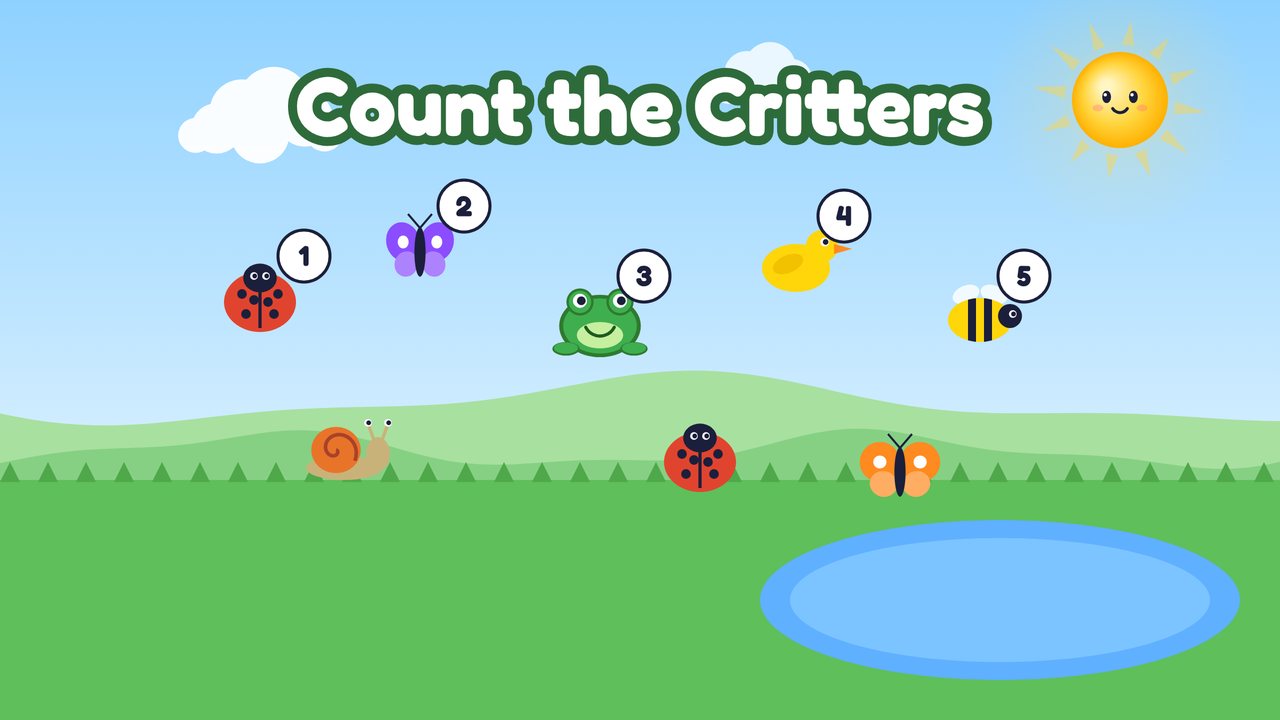 Ladybugs, butterflies, a frog, a duck, a bee and a snail in a sunny park, the first five wearing number badges