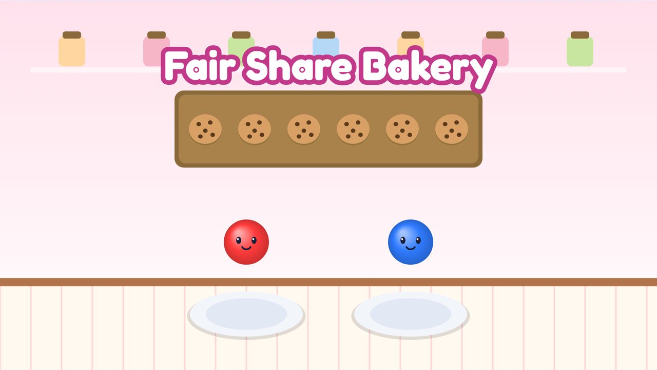 A bakery counter with a tray of six cookies and two smiling friends waiting behind empty plates
