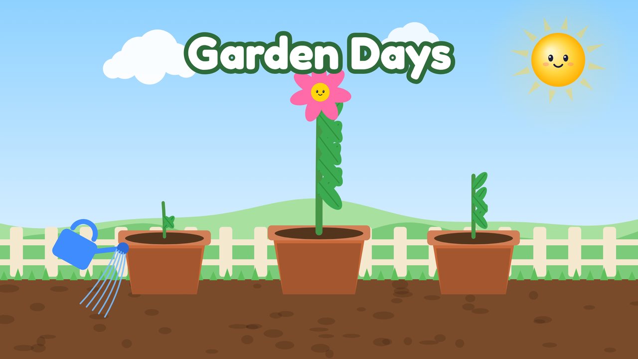 Three pots on a sunny garden bed with a sprout, a flowering plant and a young plant, and a blue watering can