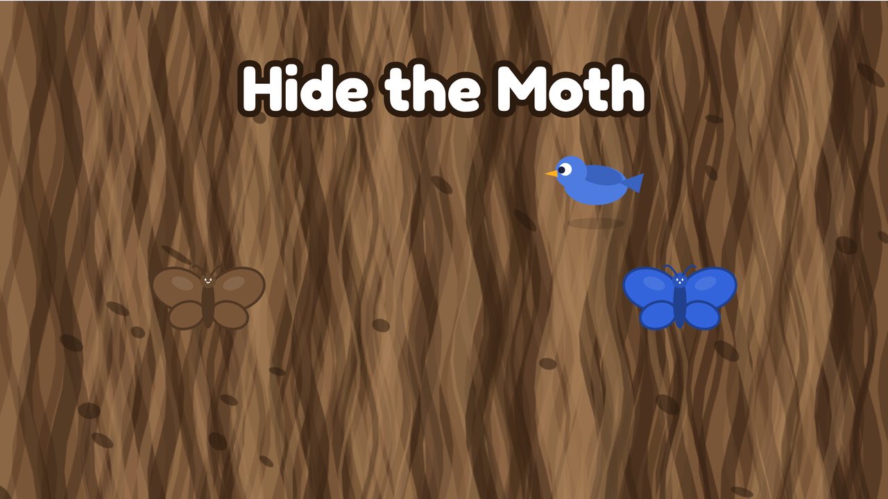 A brown moth hiding on tree bark next to a bright blue moth that a bird is about to spot