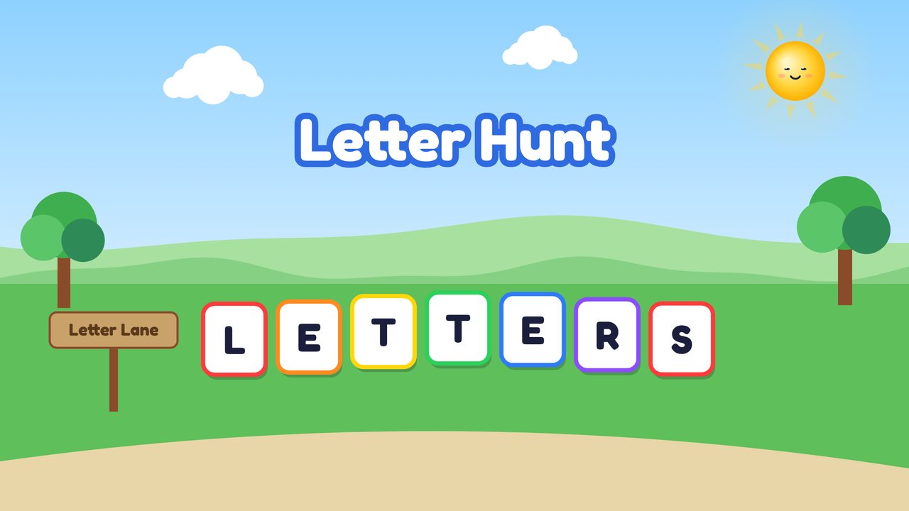 Seven letter cards spelling LETTERS bobbing on a path through a sunny park with a Letter Lane signpost