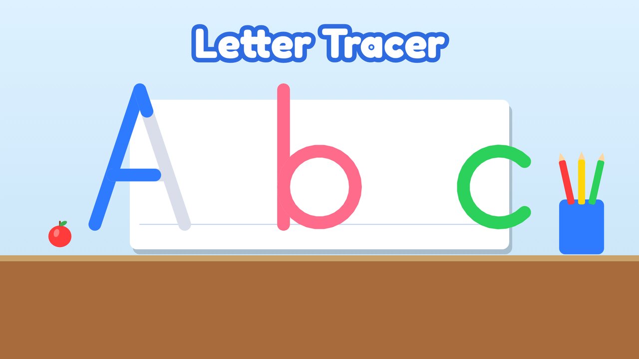 A desk with a big sheet of lined paper showing the letters A, b and c being traced in blue, pink and green, with a cup of pencils