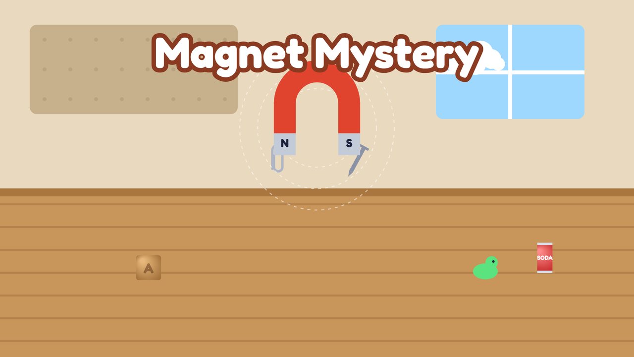 A big red horseshoe magnet over a workbench, lifting a paper clip and a nail while a wooden block and a plastic toy stay put