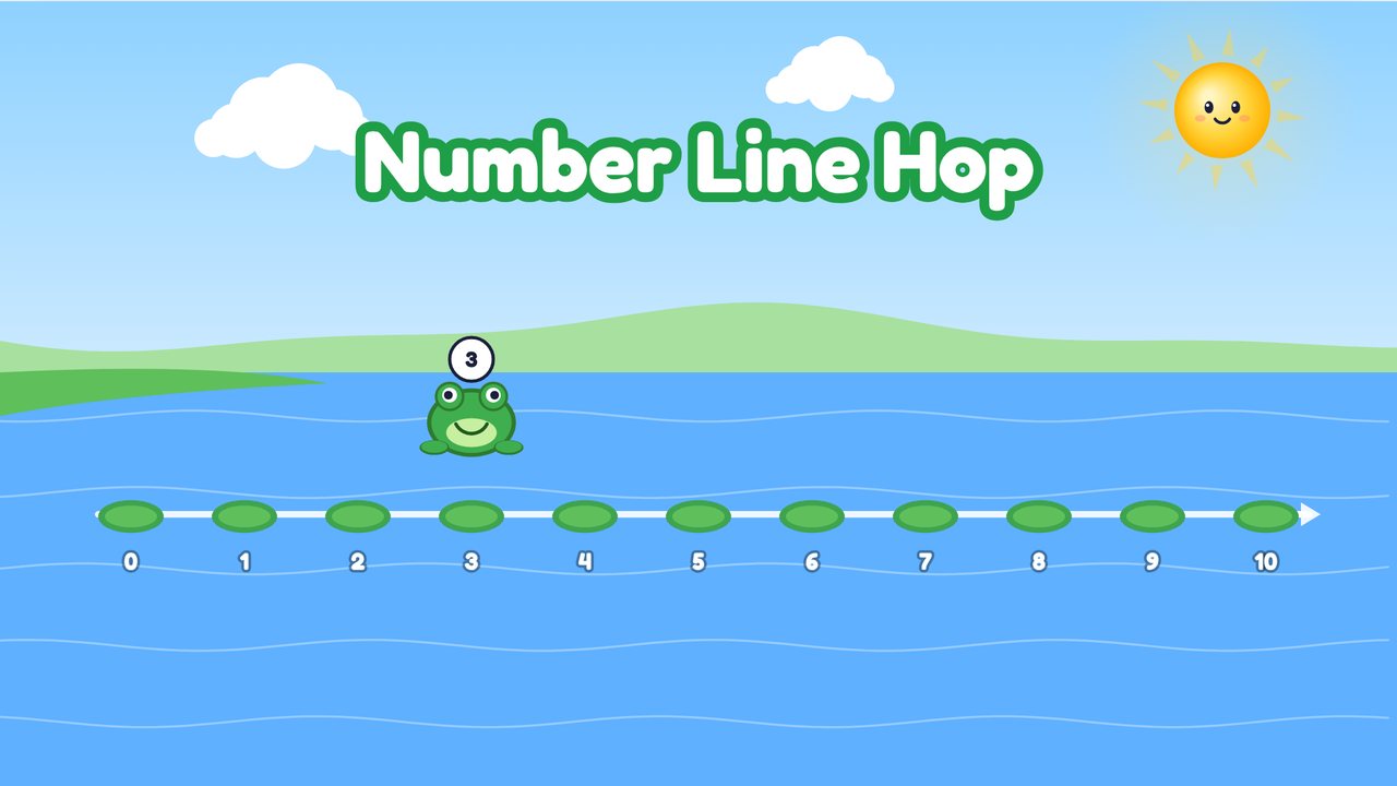 A green frog mid-hop above a row of lily pads numbered zero to ten across a blue pond