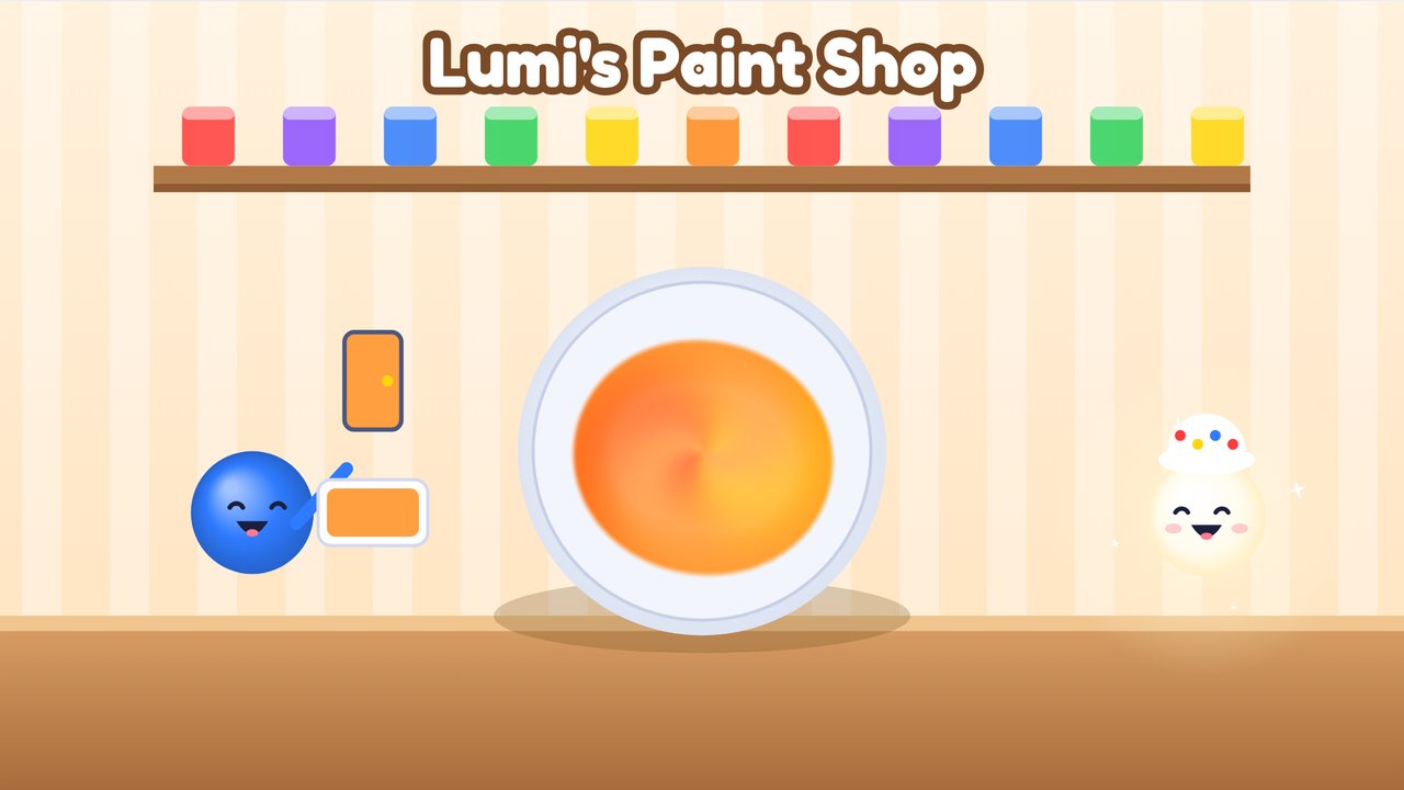 Lumi in a painter's cap behind the counter of her paint shop, with red and yellow paint mixing in a bowl