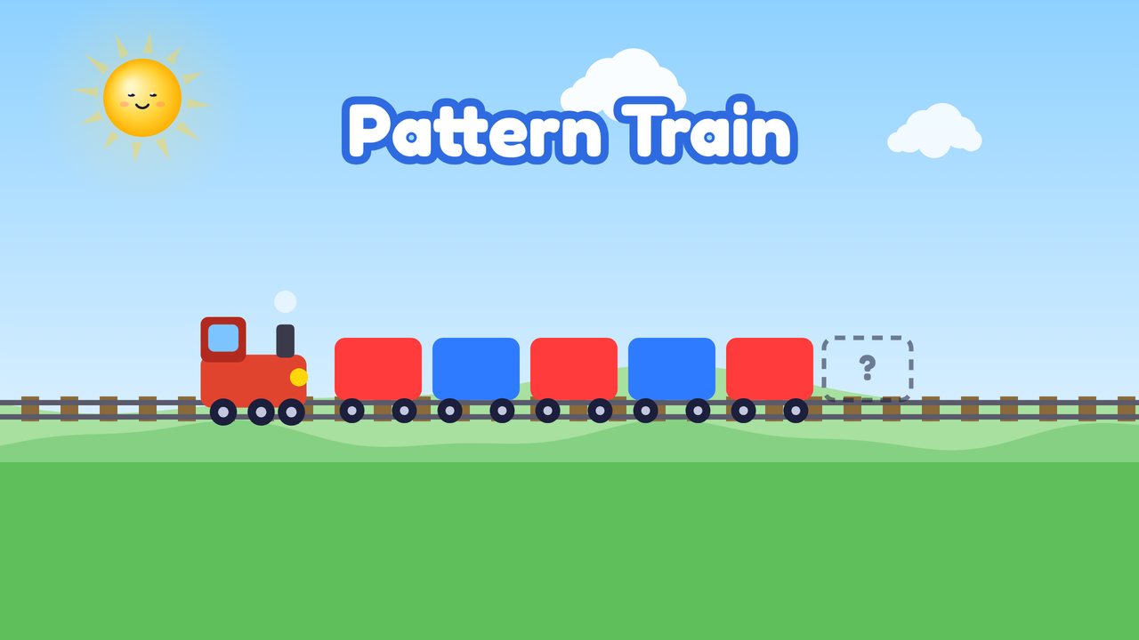 A red engine pulling red and blue cars in turn along a track through green hills, with a dashed empty car at the end