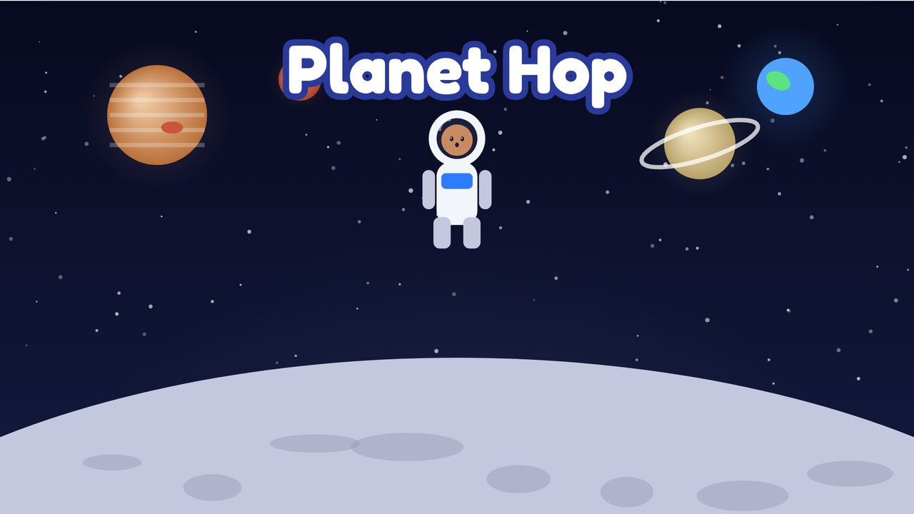An astronaut kid jumping high above the grey surface of the Moon, with Jupiter, Mars and Saturn in the starry sky