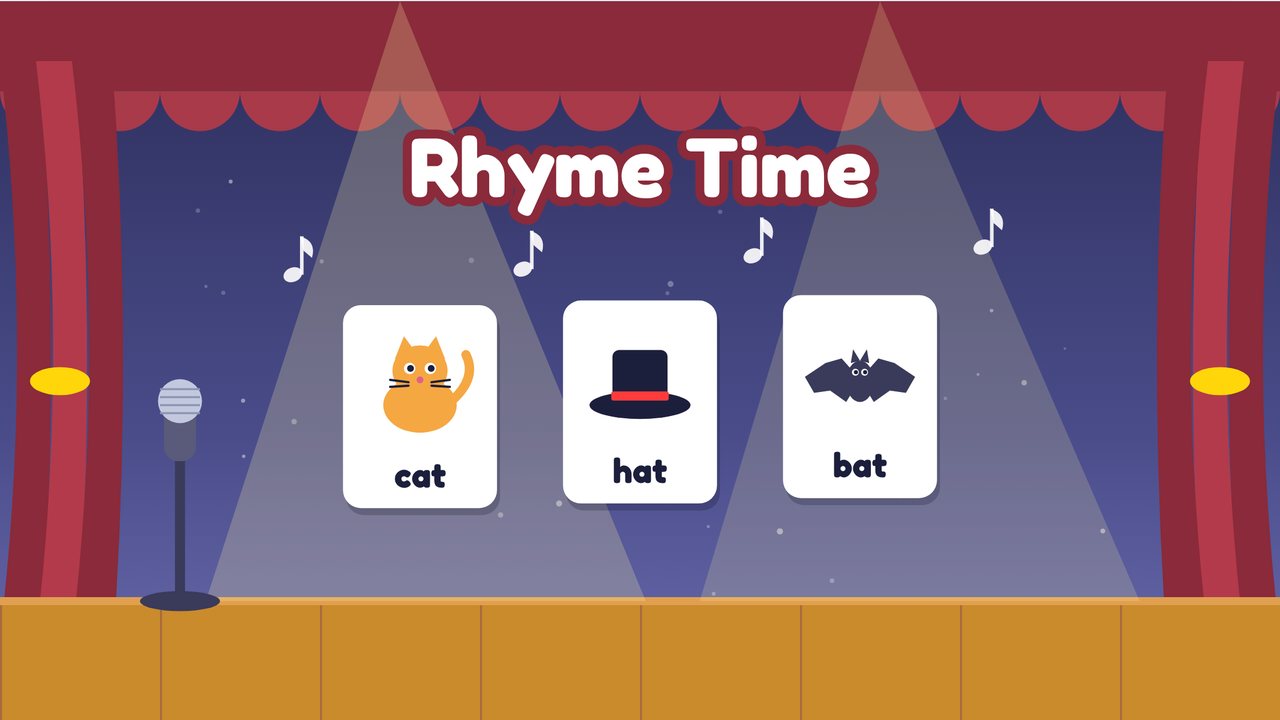A little stage with red curtains and spotlights, music notes floating, and picture cards of a cat, a hat and a bat