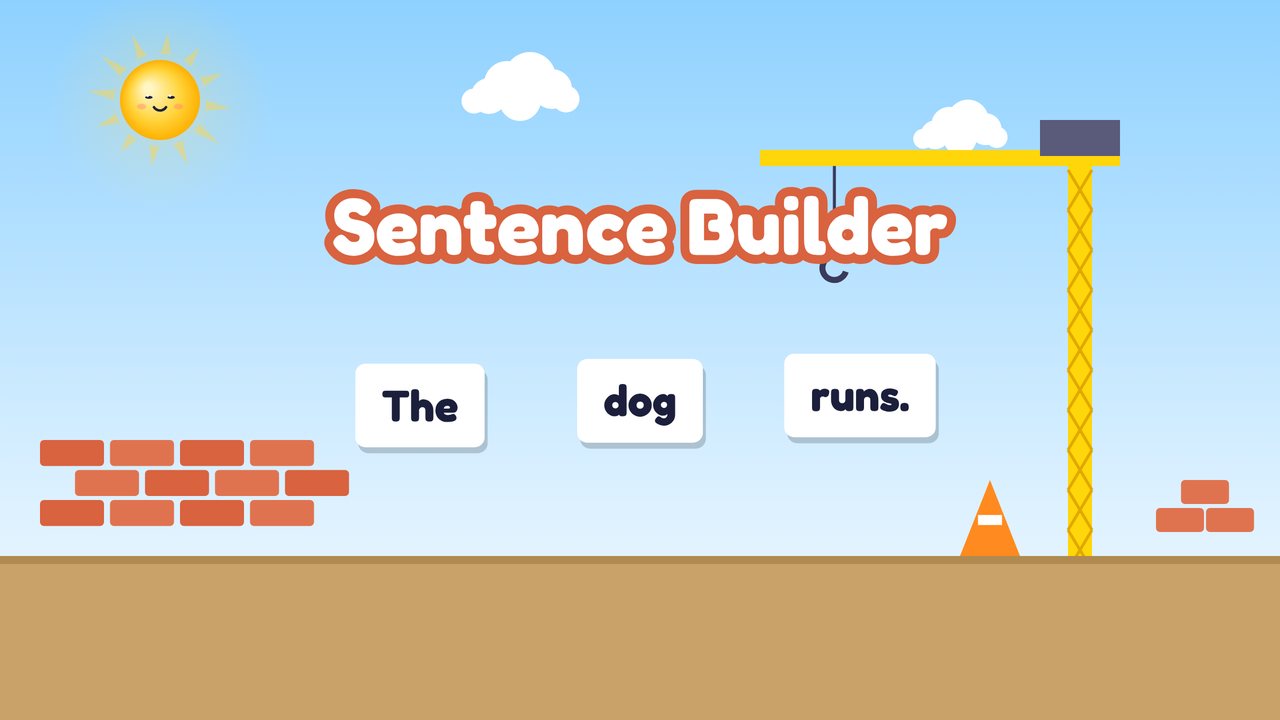 A sunny building site with a yellow crane, a brick wall and three word bricks reading The, dog, runs