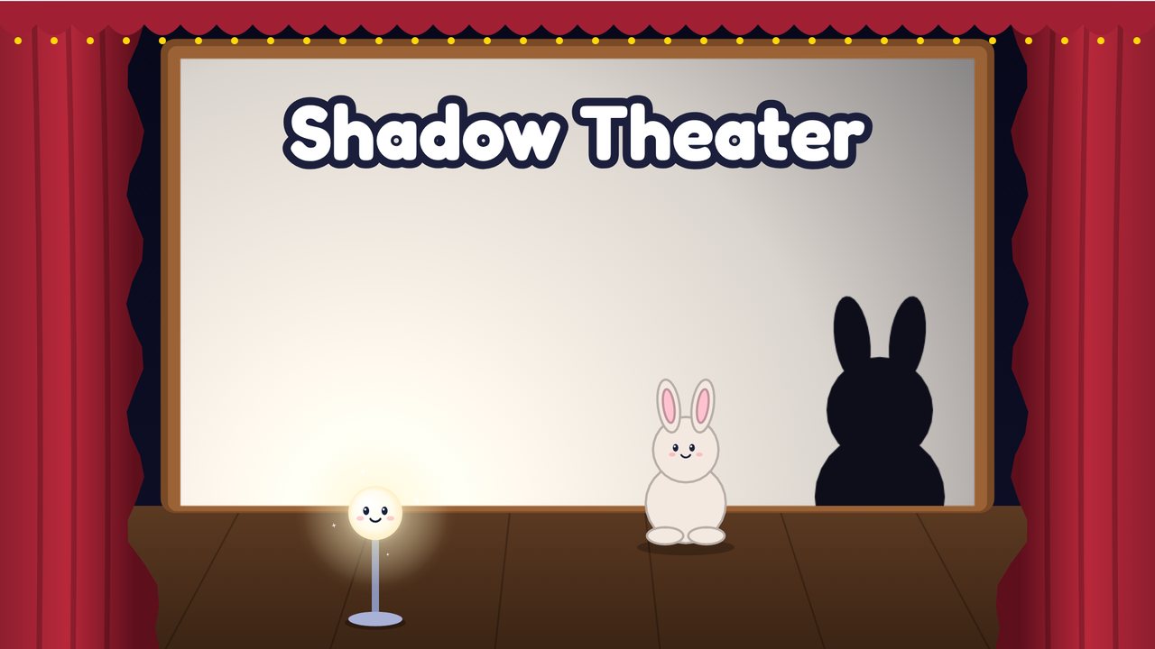 A bunny toy and its shadow on a little puppet-theater screen, lit by Lumi the lamp
