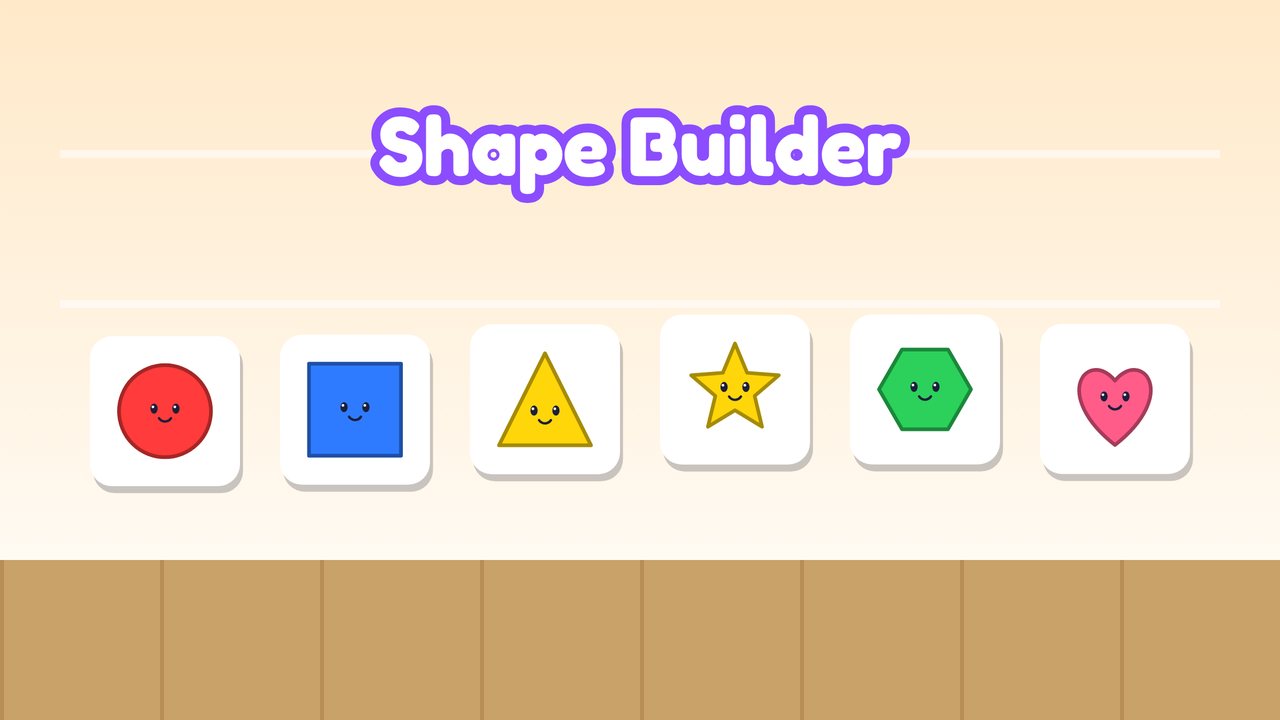 Six white cards in a sunny workshop, each holding a smiling shape: a red circle, a blue square, a yellow triangle, a star, a green hexagon and a pink heart