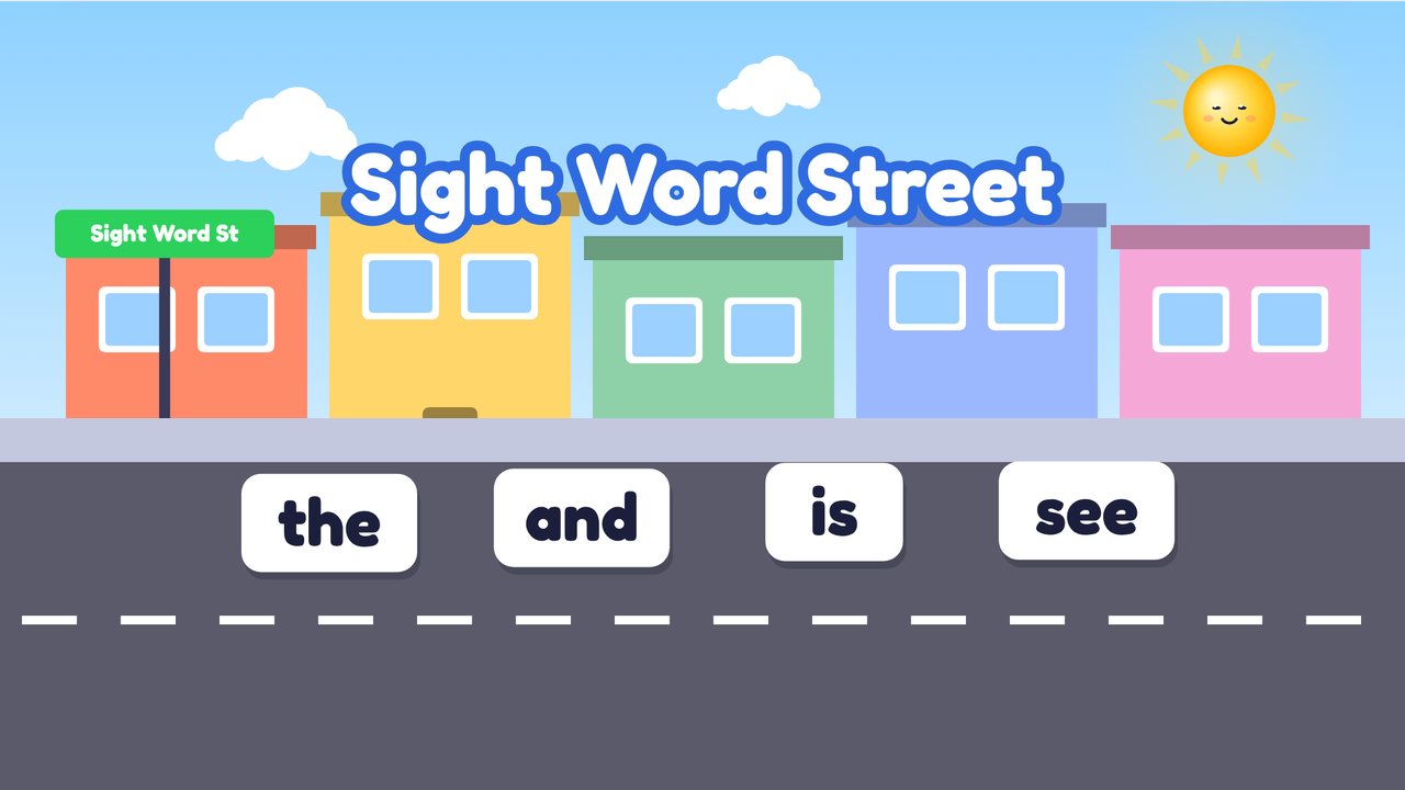 A sunny street of colorful shops with a green street sign and four word cards reading the, and, is, see