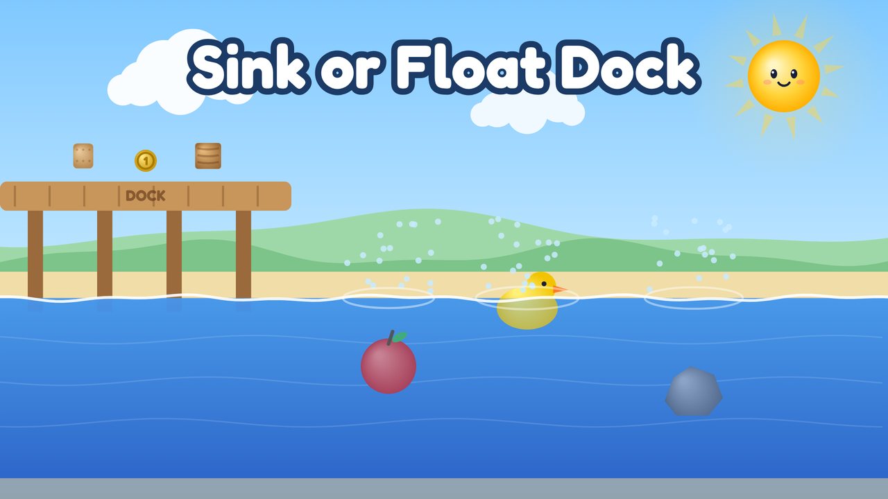 A rubber duck and an apple floating by a wooden dock while a rock sinks to the sandy bottom