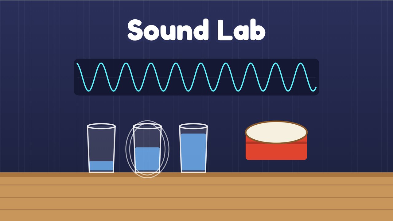 A dark lab bench with three water glasses and a red drum, with a glowing sound wave on a screen above them