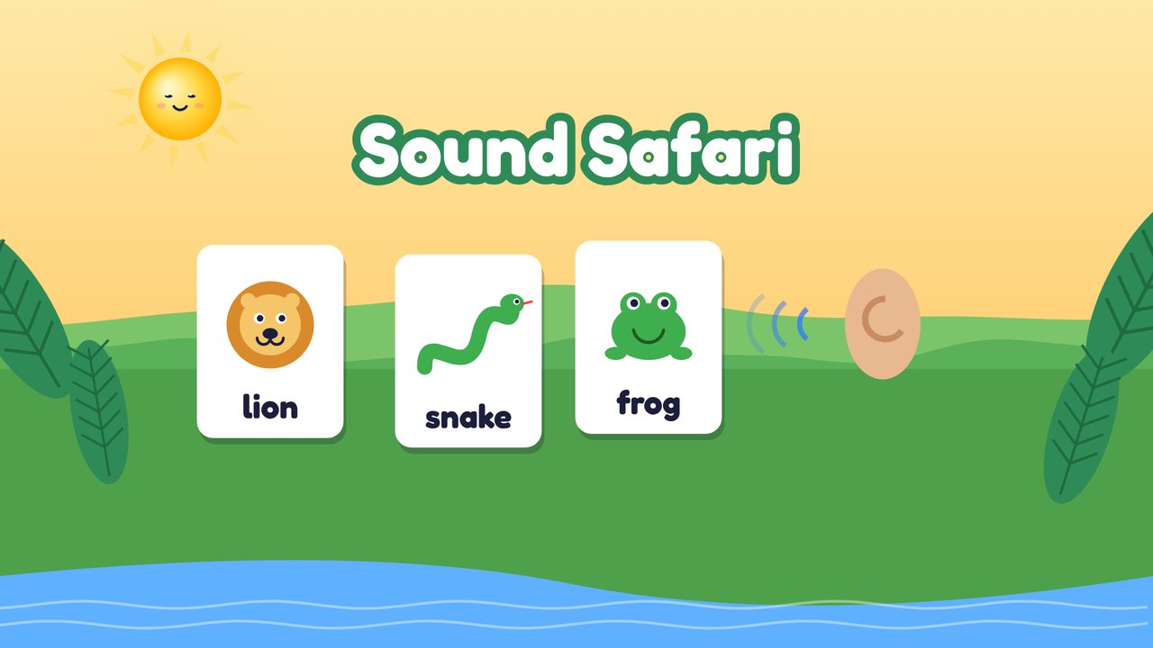 A jungle at sunset with big leaves, a river, picture cards of a lion, a snake and a frog, and a listening ear