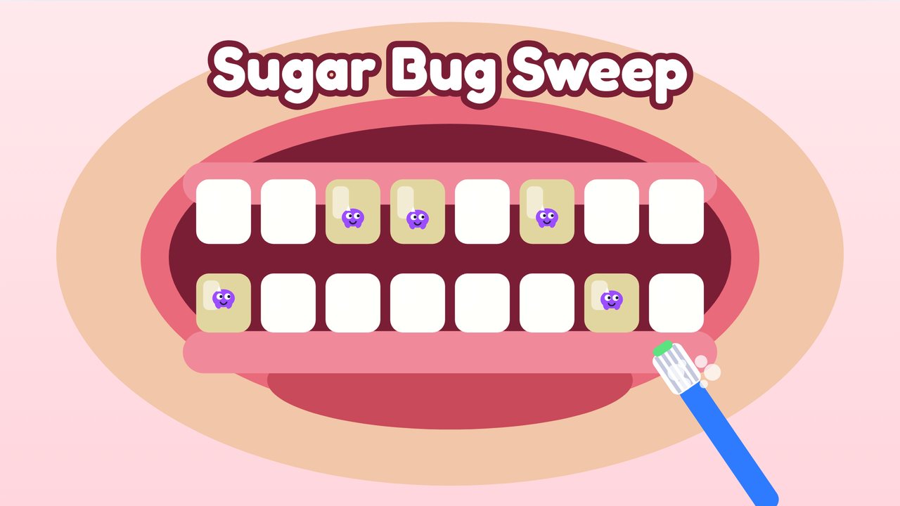 A big smiling mouth with purple sugar bugs sitting on some of the teeth and a blue toothbrush with green toothpaste