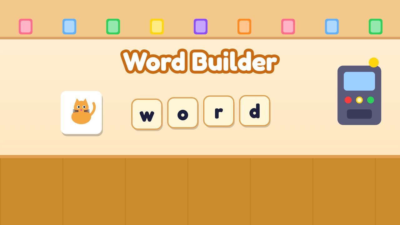 A cozy workshop with shelves of colored boxes and a workbench holding letter tiles that spell word next to a picture of a cat