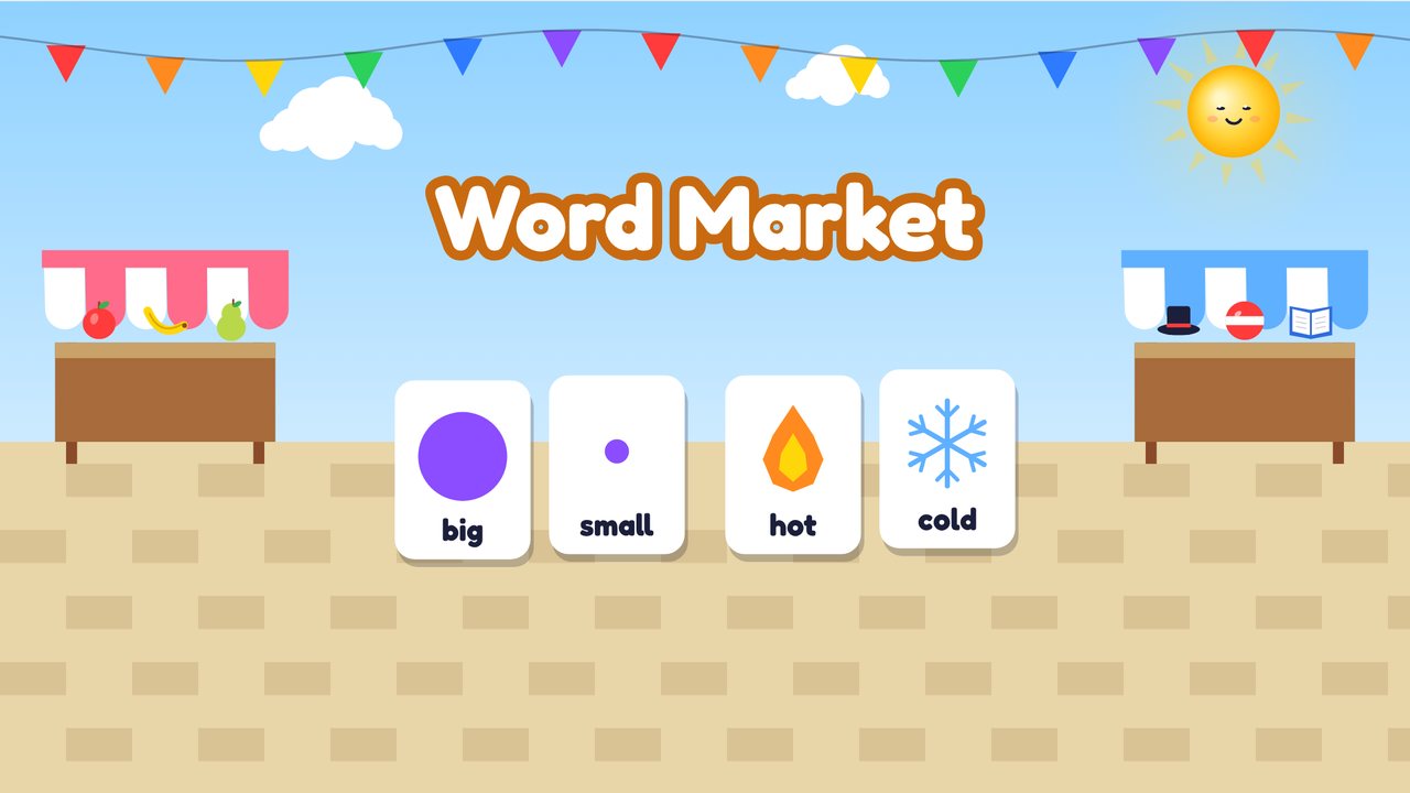 A market square with bunting and two striped stalls, and picture cards for big and small, hot and cold